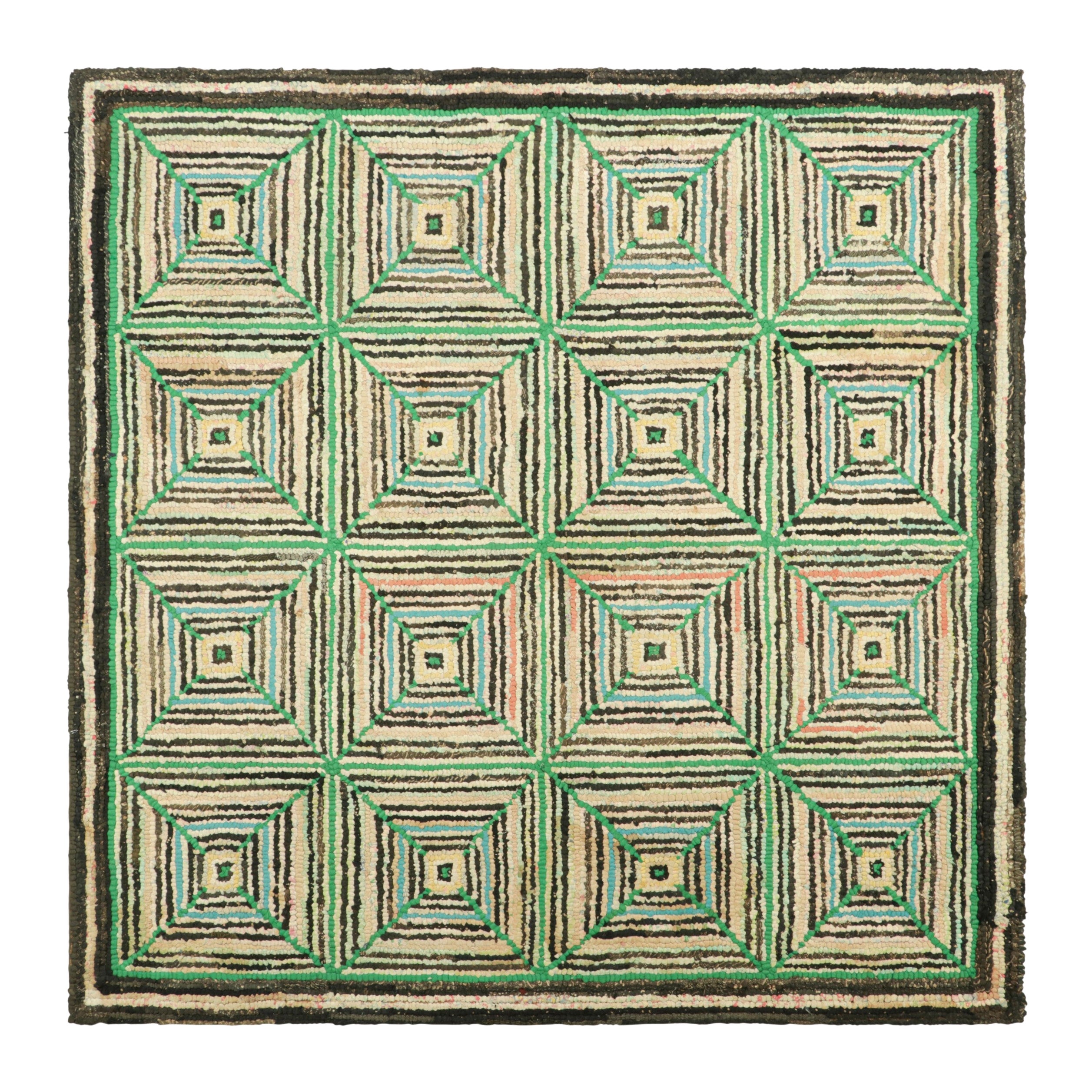 Antique Hooked Square Rug in Beige and Green Geometric Patterns  Rug & Kilim