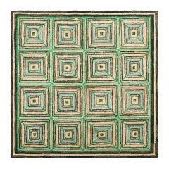 Antique Hooked Square Rug in Beige and Green Geometric Patterns  Rug & Kilim