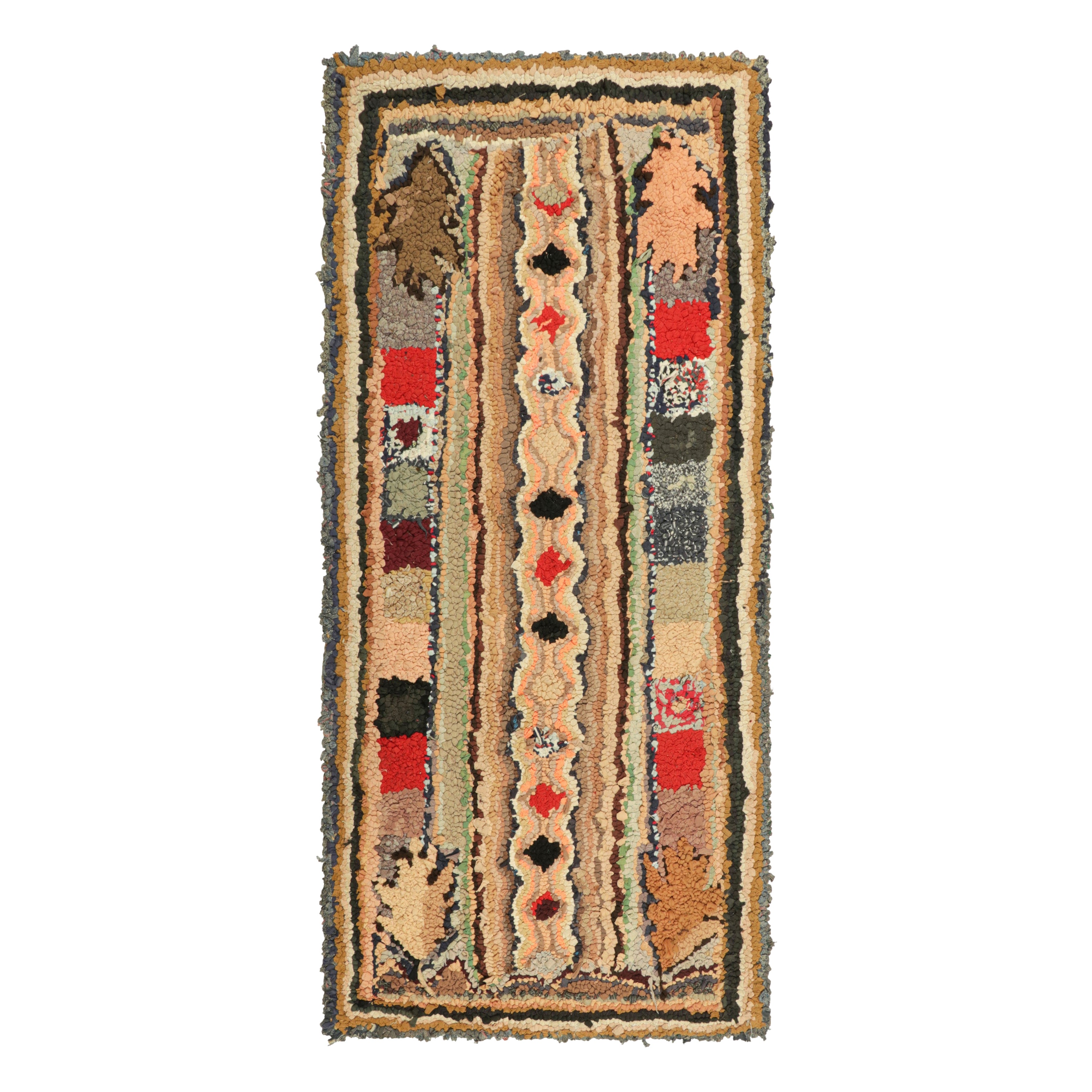 Antique Hooked Geometric Rug in Beige-Brown and Red Tones  Rug & Kilim