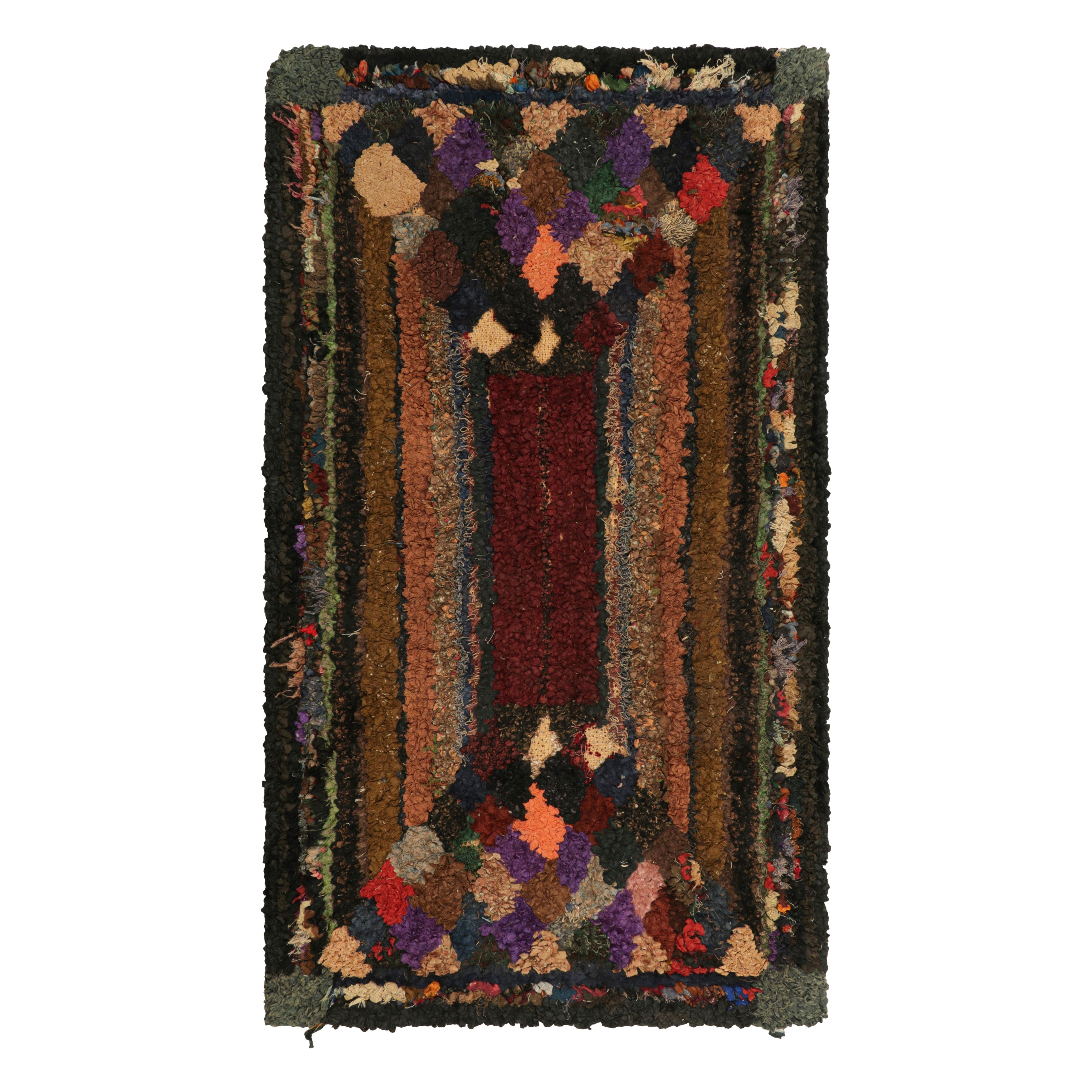 Antique Hooked Geometric Rug in Beige-Brown Tones  Rug & Kilim For Sale