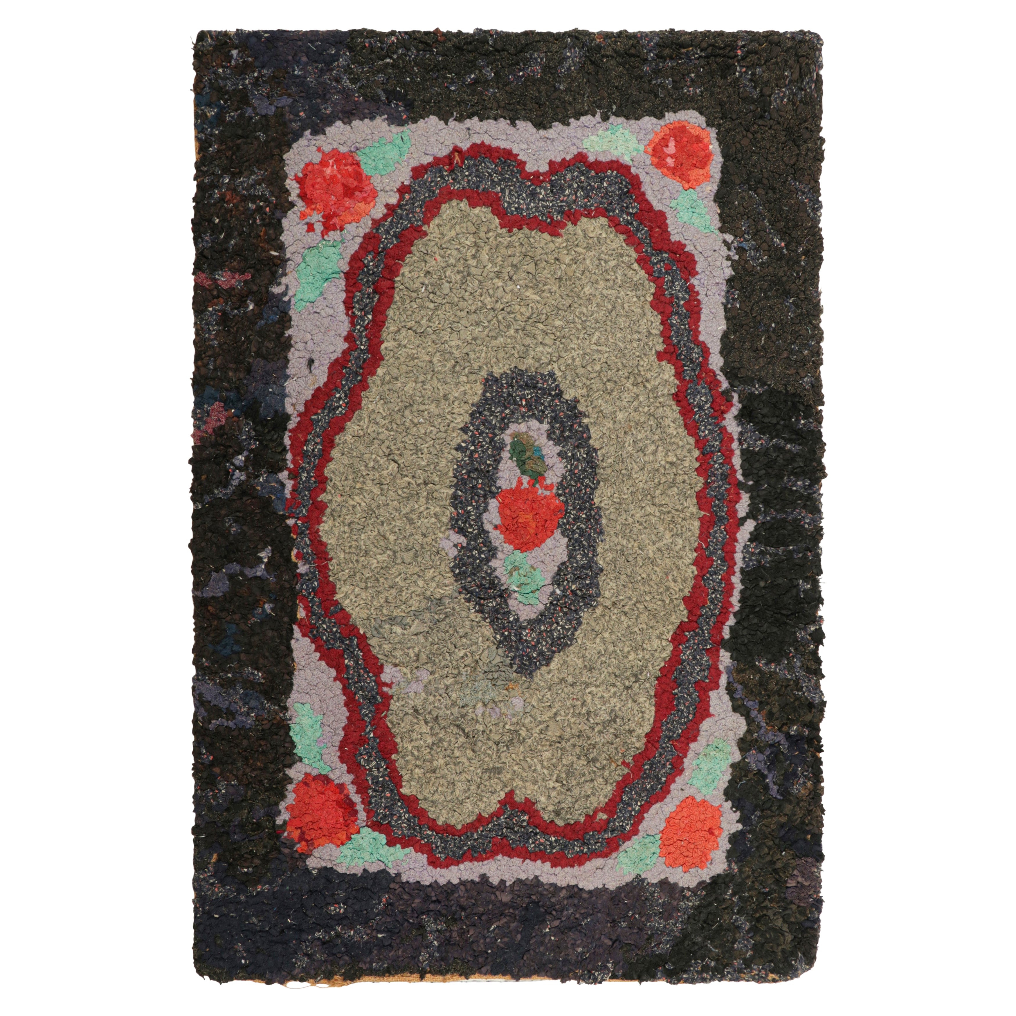 Antique Hooked Rug With Floral Medallion In Red And Green  Rug & Kilim