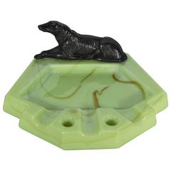 Art Deco Ashtray in Green Slag Glass with Borzoi Hound in Silver Metal