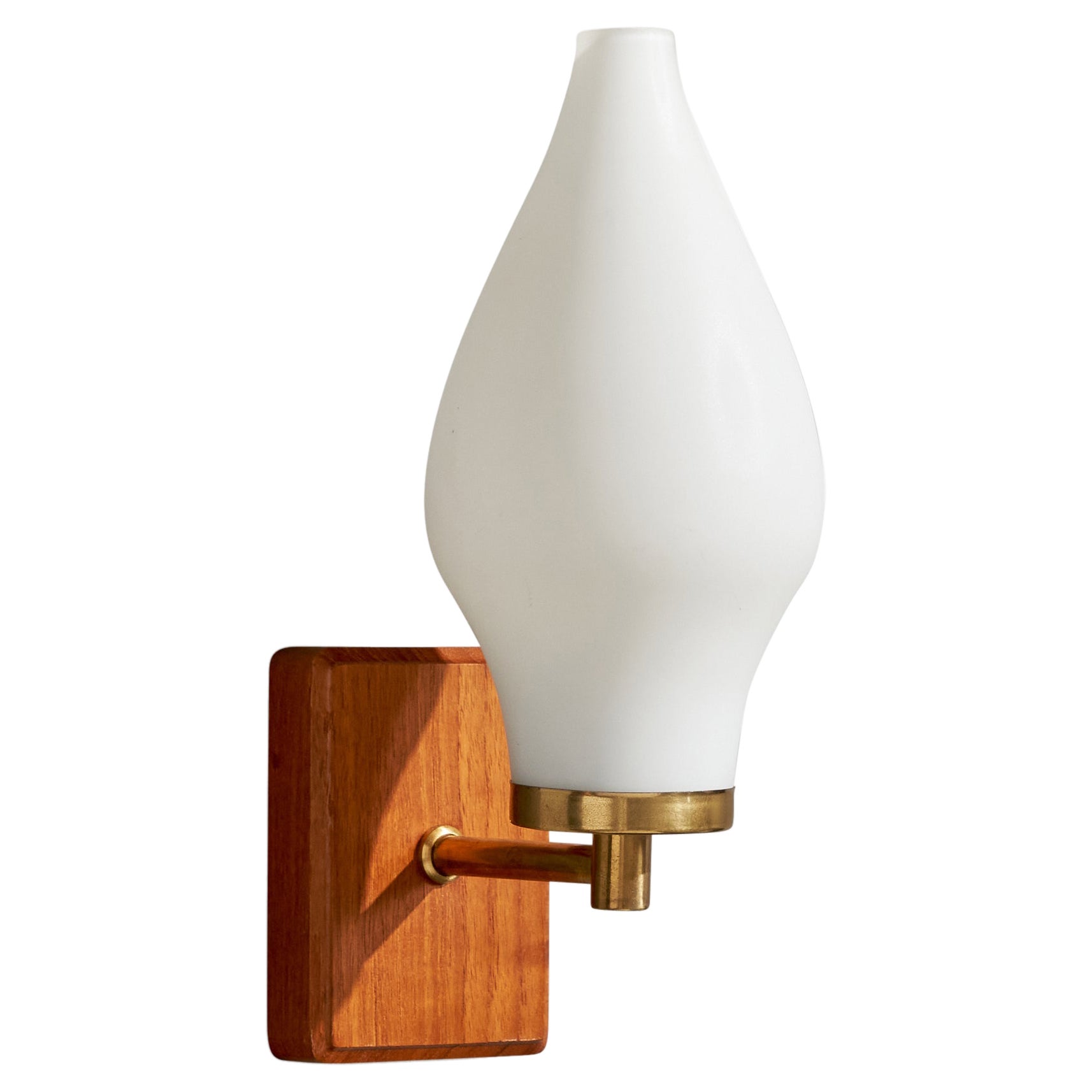 Swedish Designer, Wall Light, Brass, Teak, Glass, Sweden, 1950s