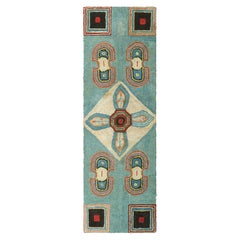 Antique Hooked Runner Rug in Blue with Geometric Medallions  Rug & Kilim