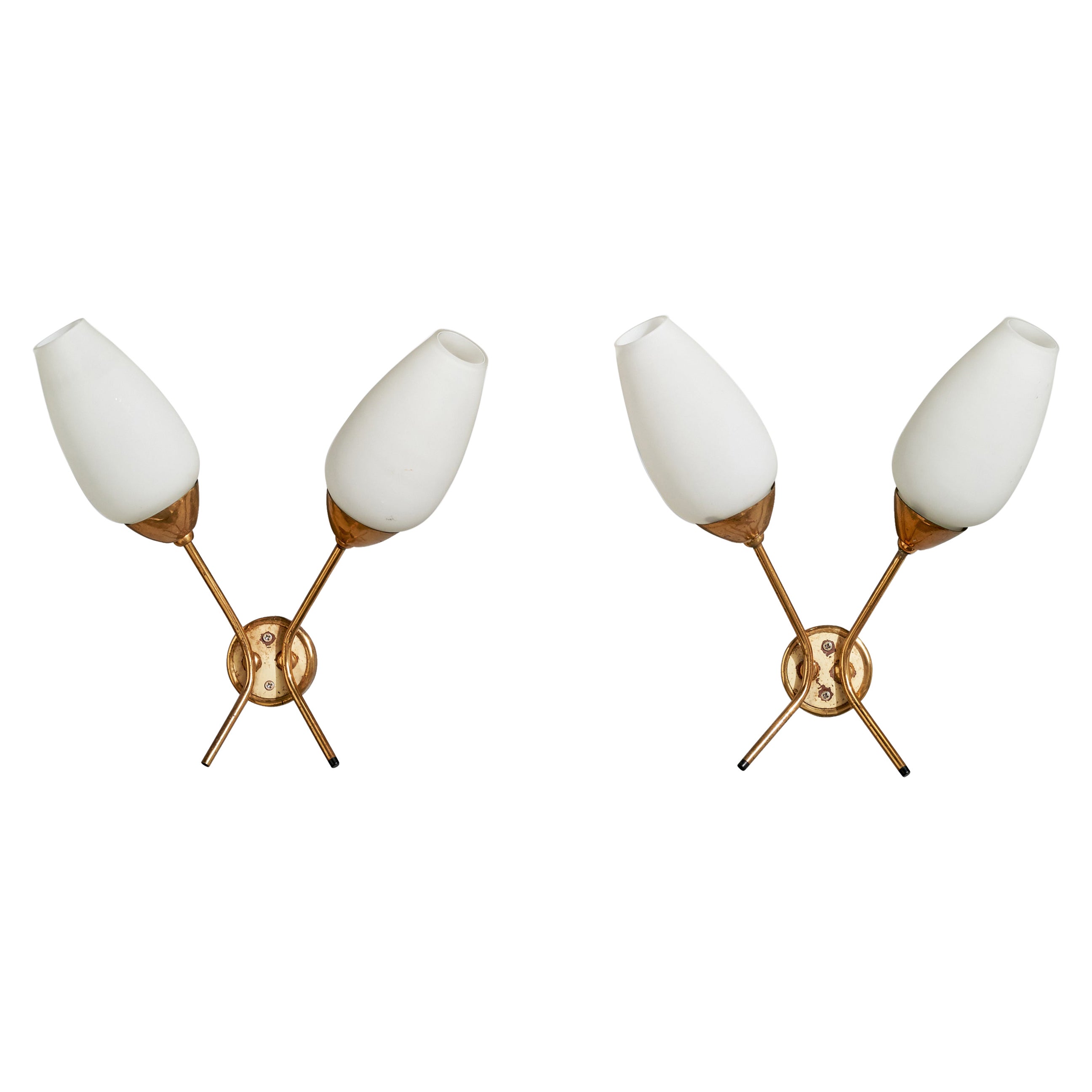 French Designer, Wall Lights, Brass, Glass, France, 1950s For Sale