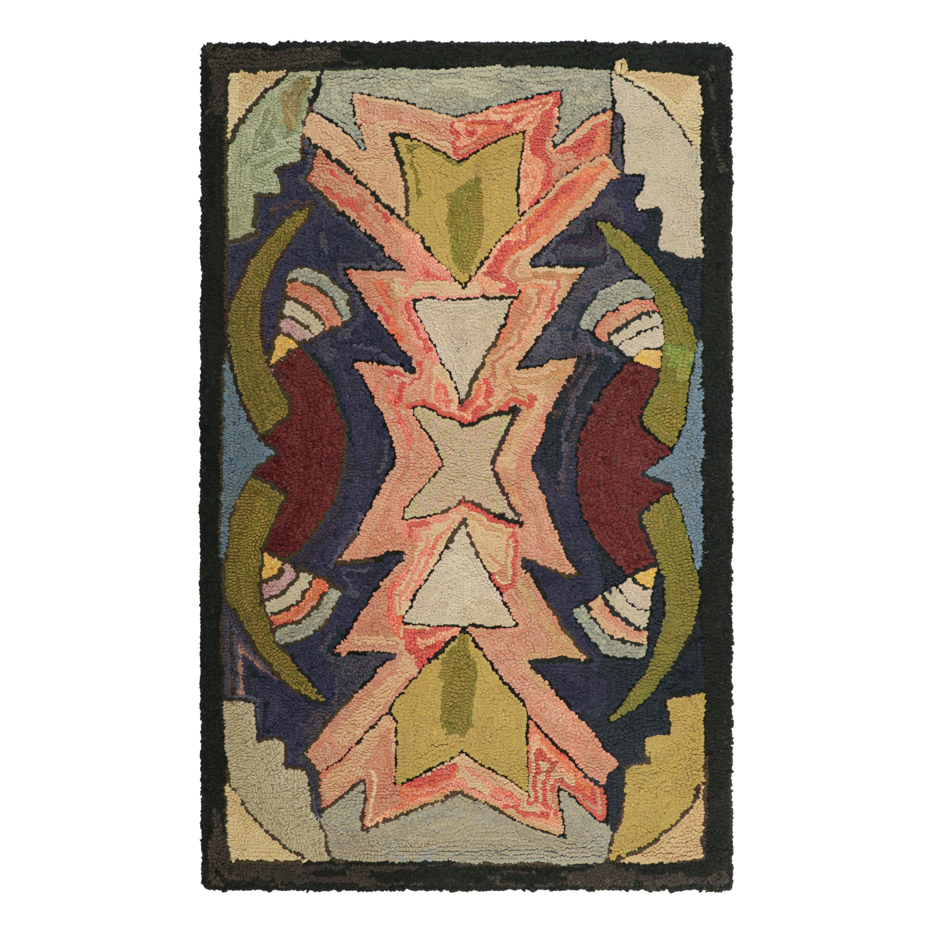 Antique Hooked Rug with Polychromatic Geometric Patterns  Rug & Kilim