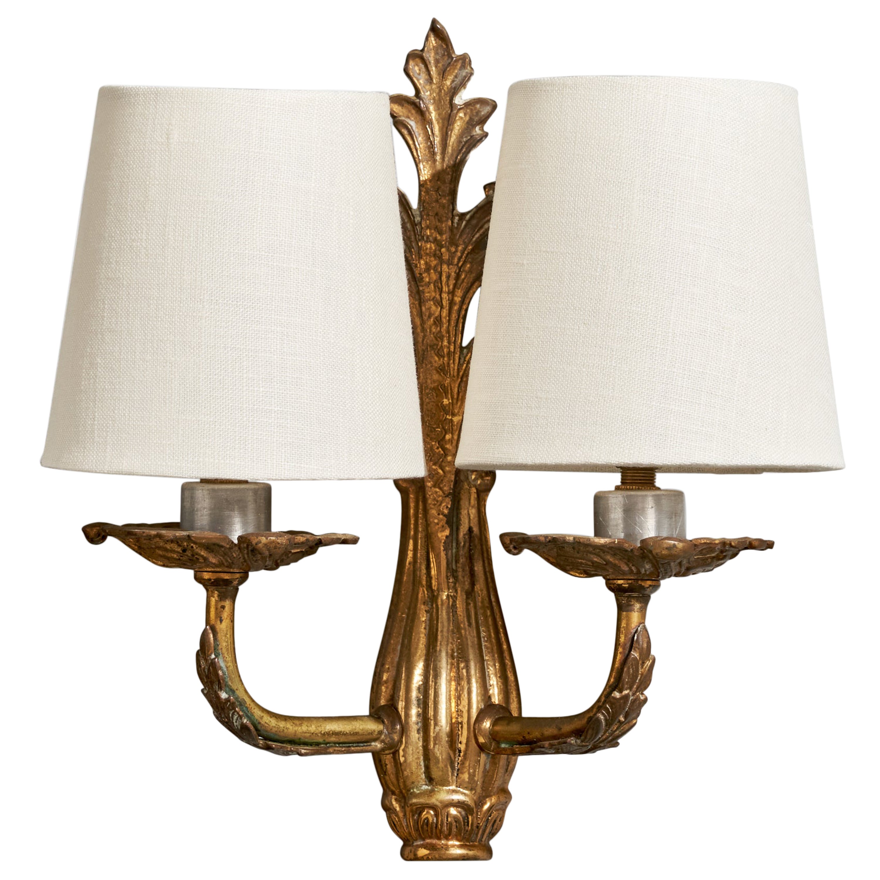 French Designer, Wall Light, Brass, Metal, Fabric, 1940s