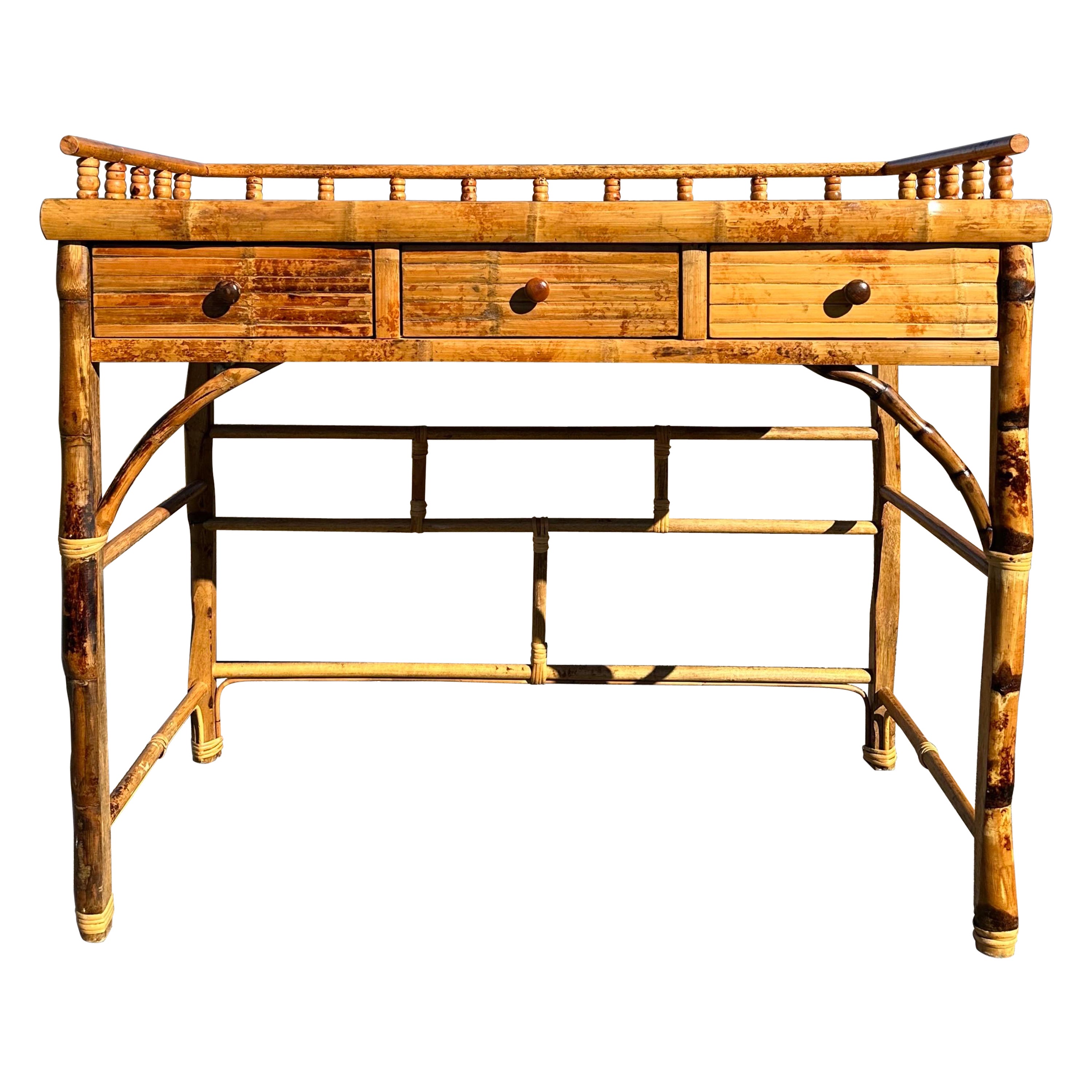 Vintage Tortoise Bamboo and Rattan Writing Desk