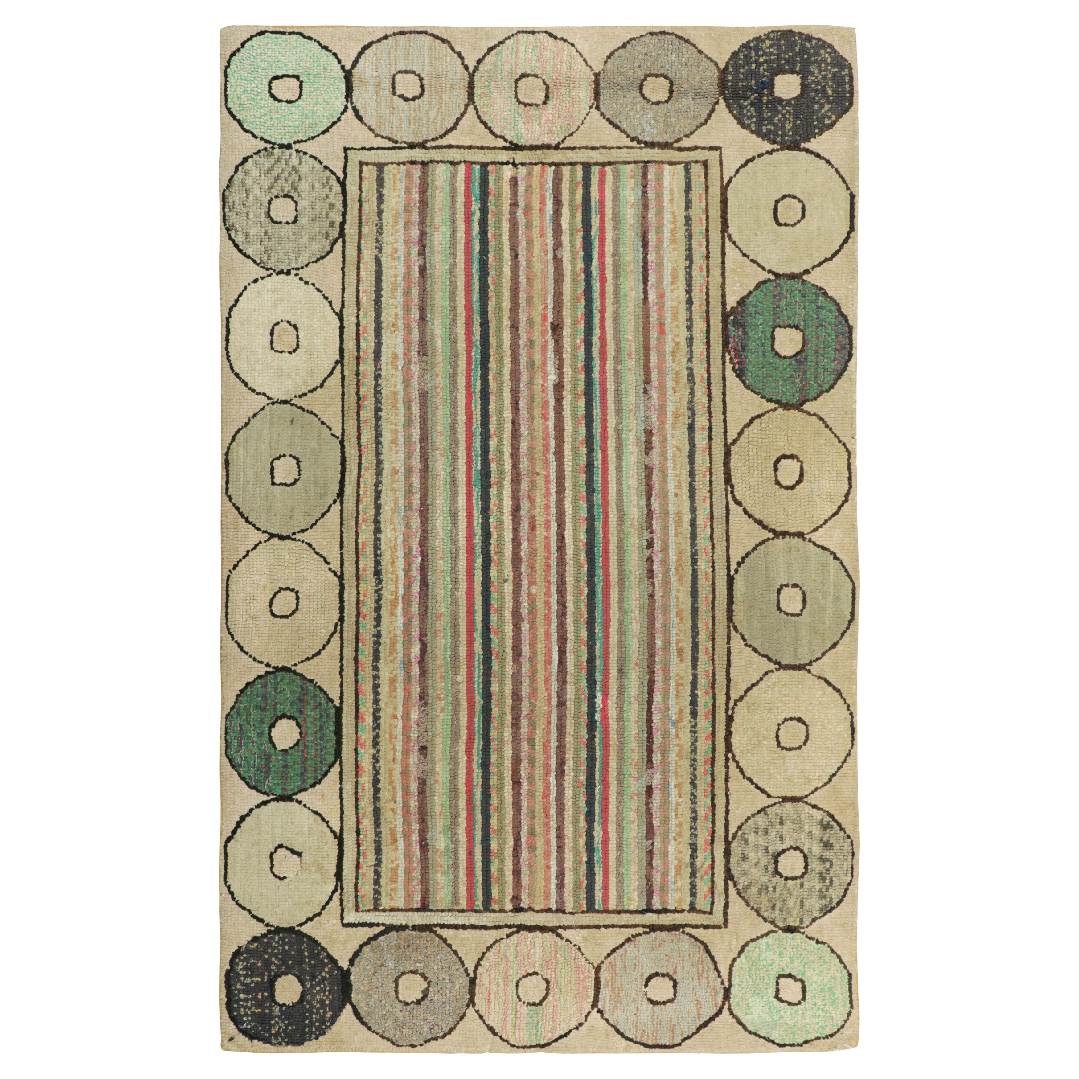Antique Hooked Rug in Geometric Patterns and Polychromatic Stripes  Rug & Kilim