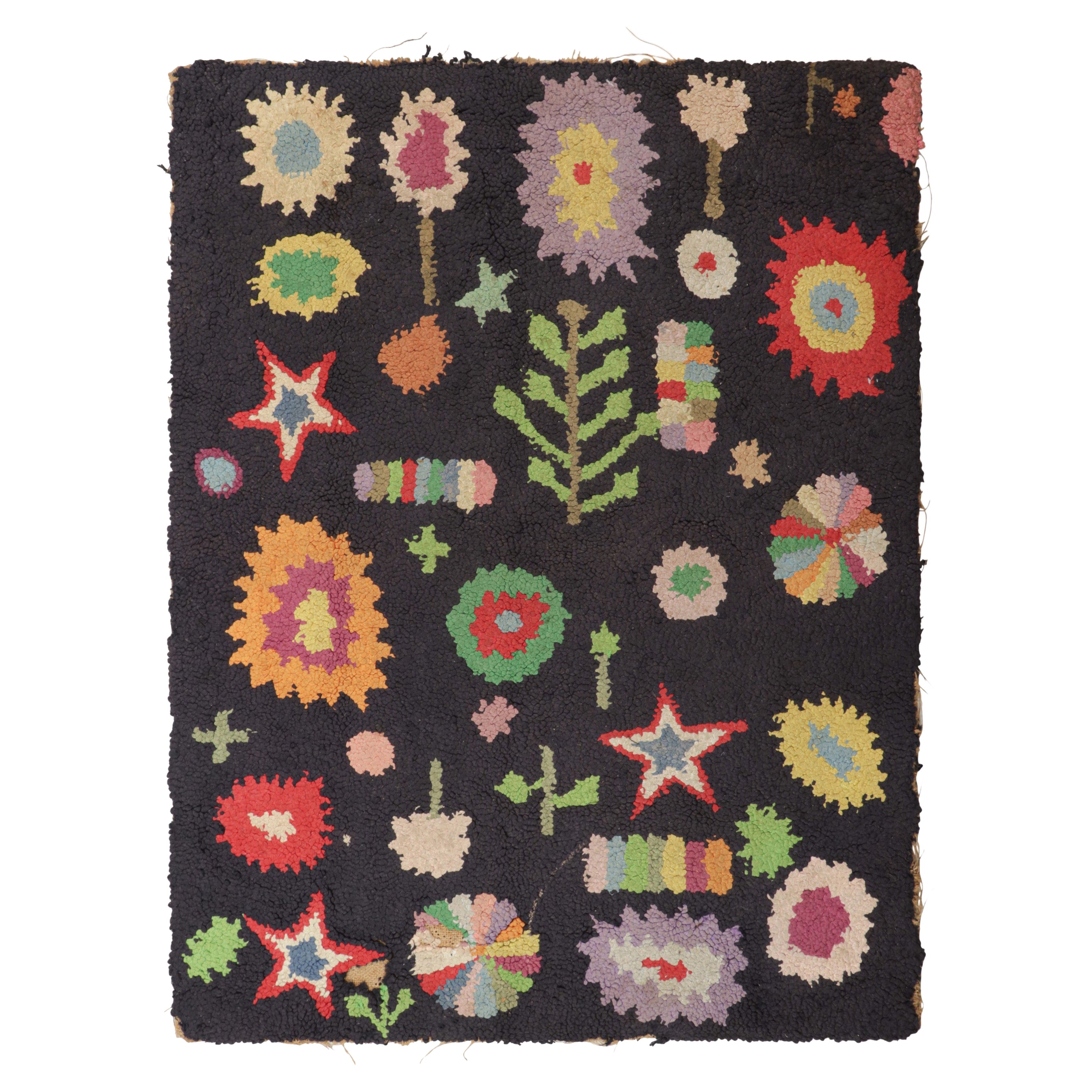 Antique Hooked Rug in Black with Polychromatic All Over Patterns  Rug & Kilim