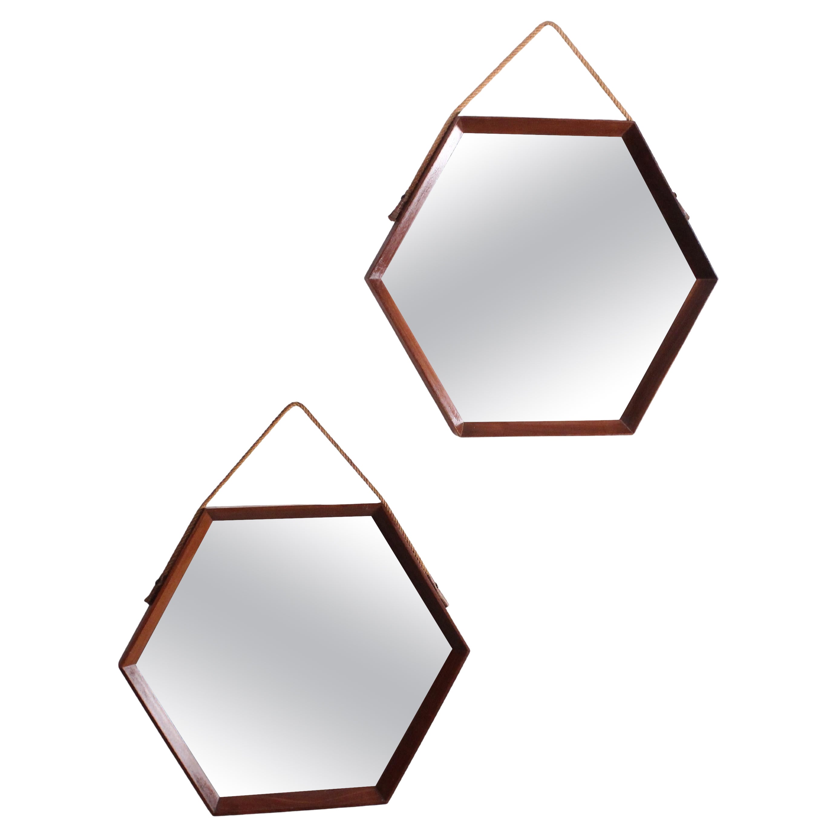 pair hexagonal mirrors with teak wood frame