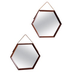 pair hexagonal mirrors with teak wood frame