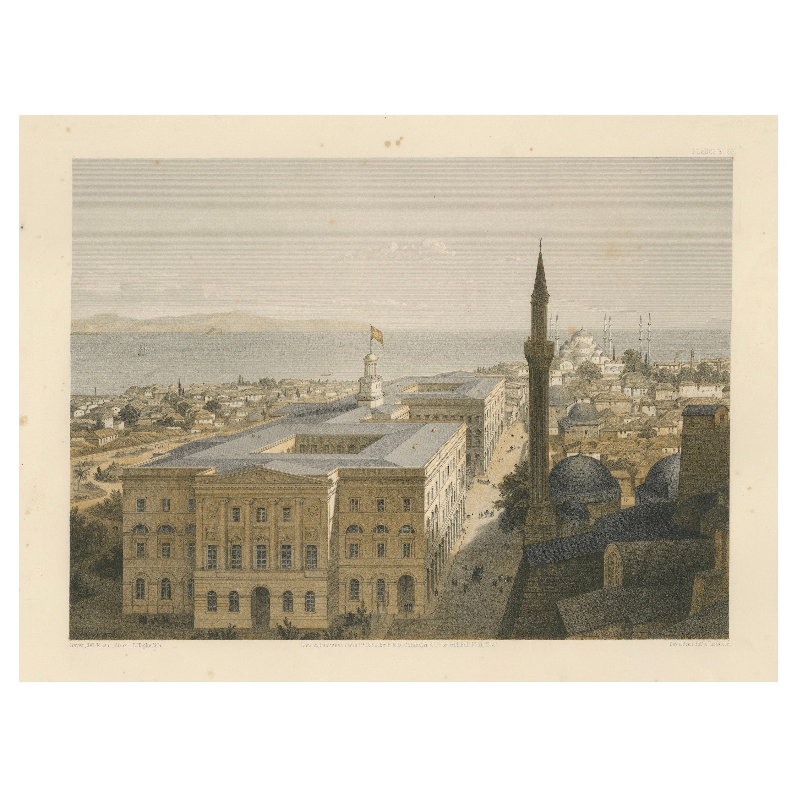 Rara litografía tintada del Ministerio de la Guerra en Estambul, 1852