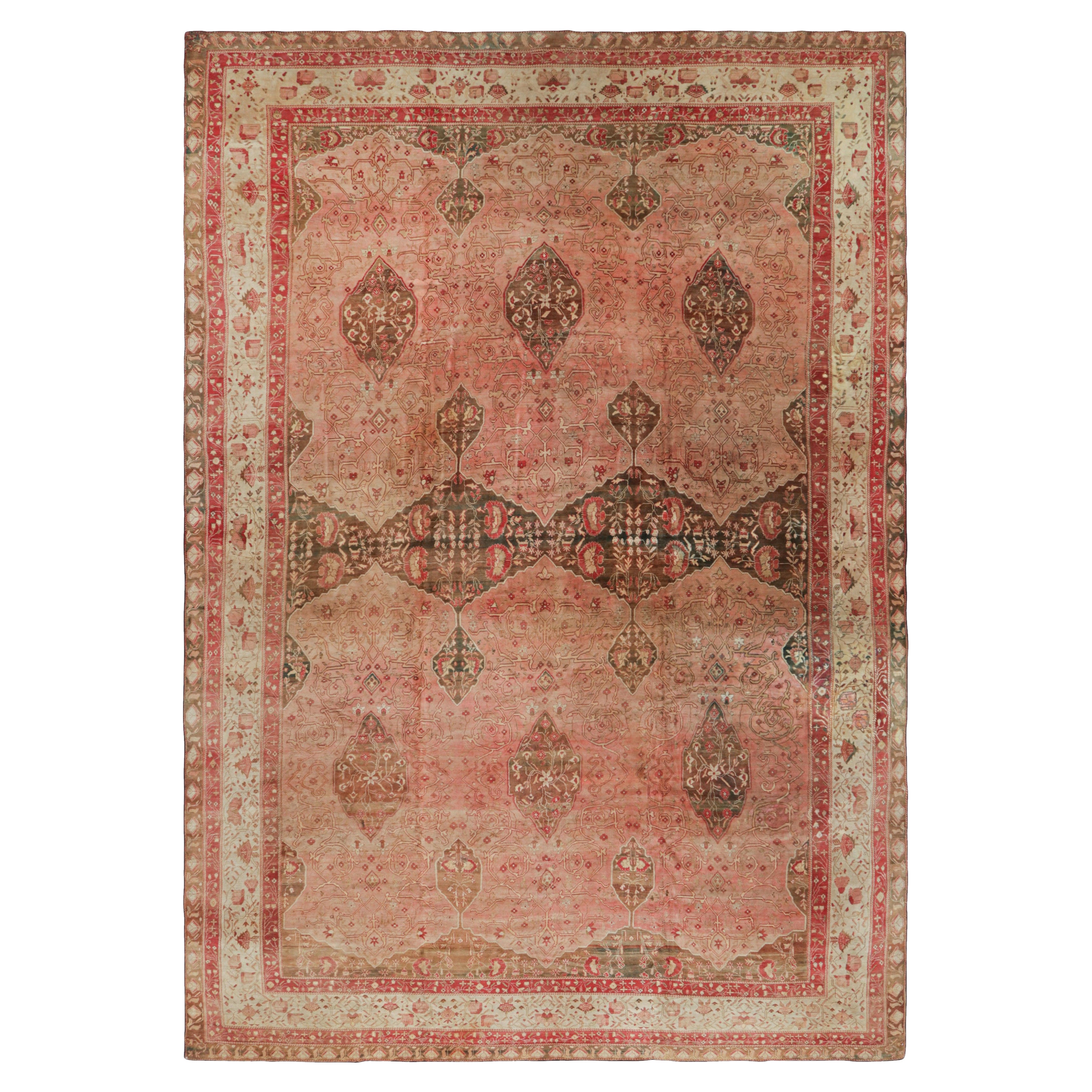 Oversized Antique Agra Rug in Pink and Brown with Floral Patterns  Rug & Kilim