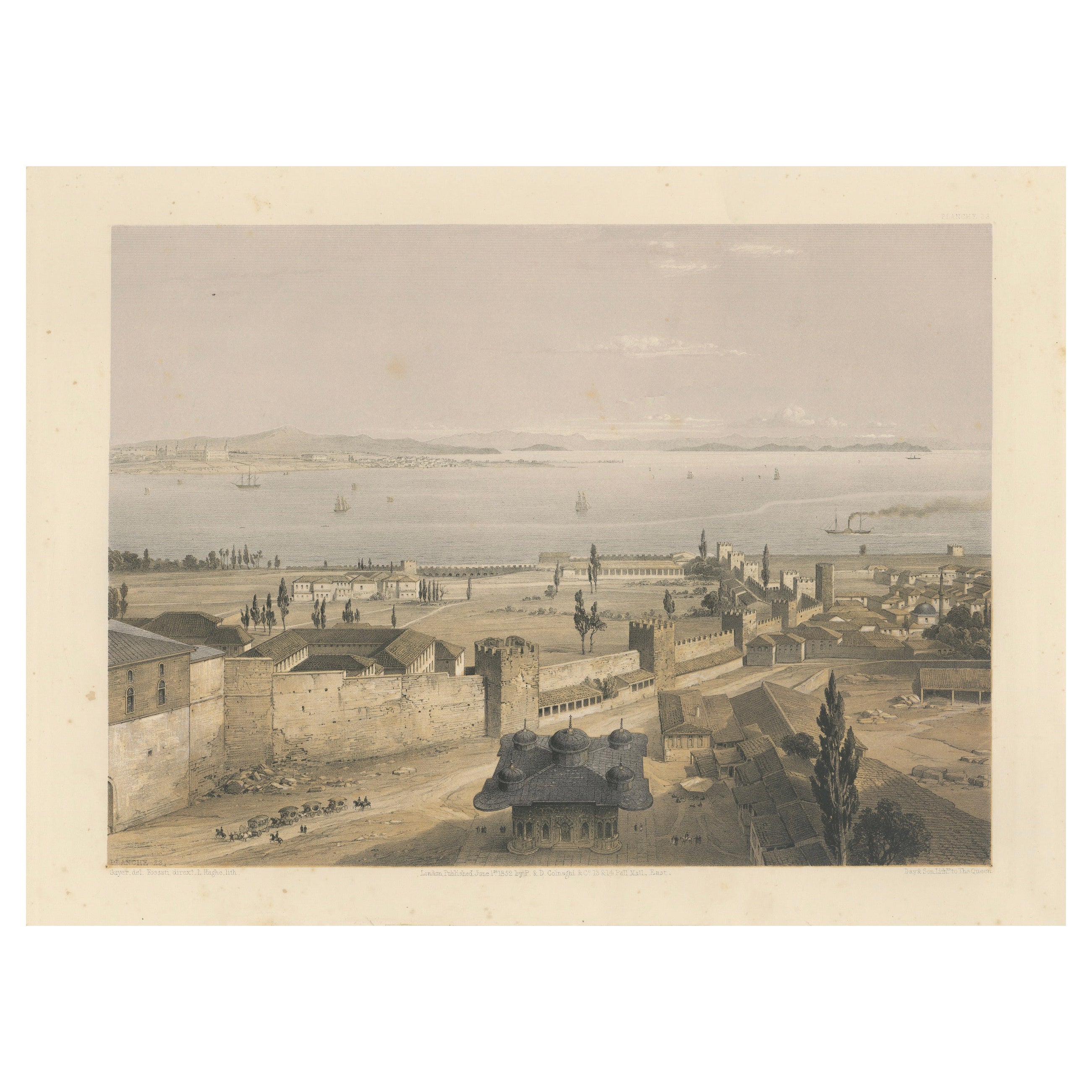 Rara litografía tintada de 1852 del Palacio Topkapi y el Bósforo, Estambul