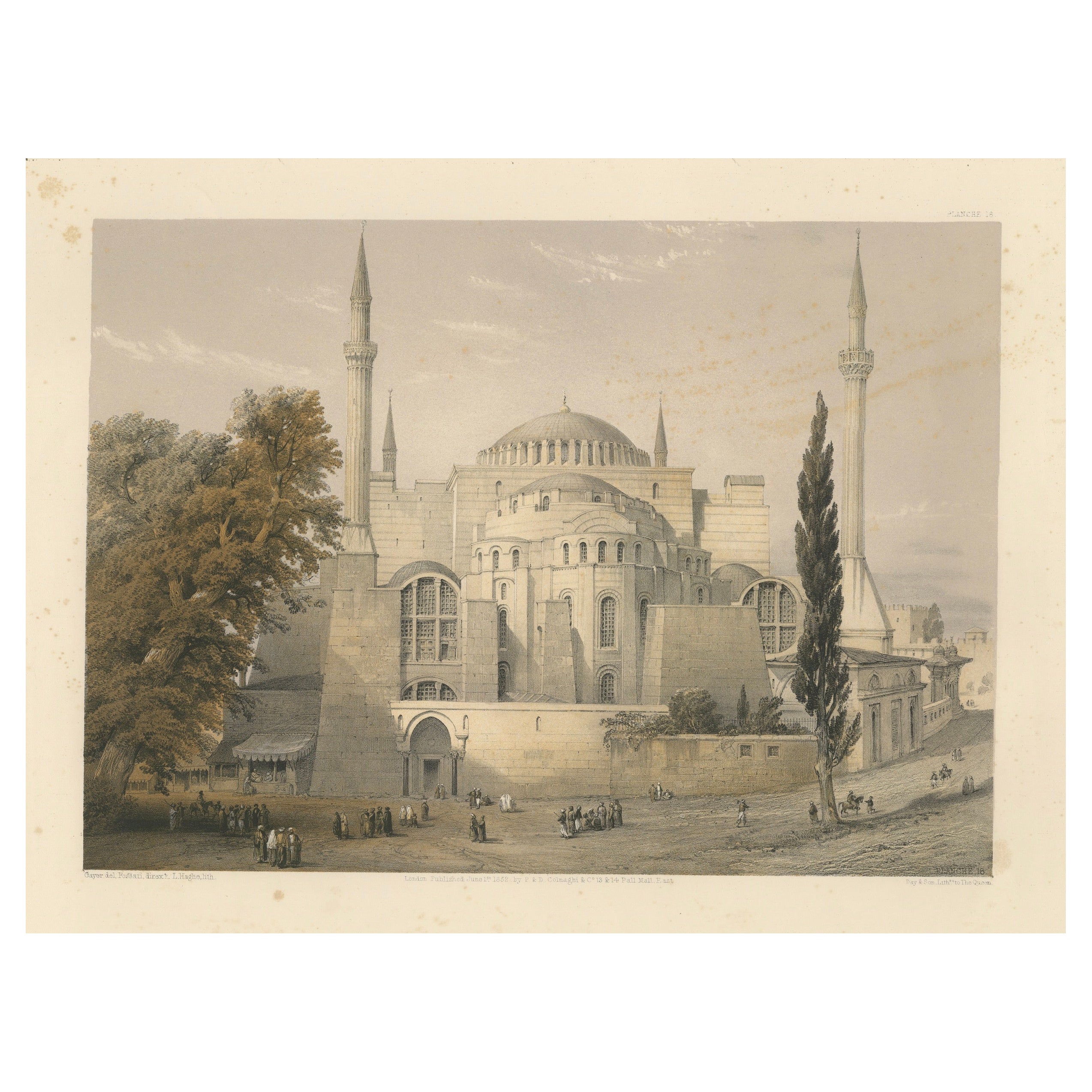 Rara litografía tintada de 1852 de Santa Sofía, Estambul, por L. Haghe según Fossati