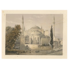 Rara litografía tintada de 1852 de Santa Sofía, Estambul, por L. Haghe según Fossati