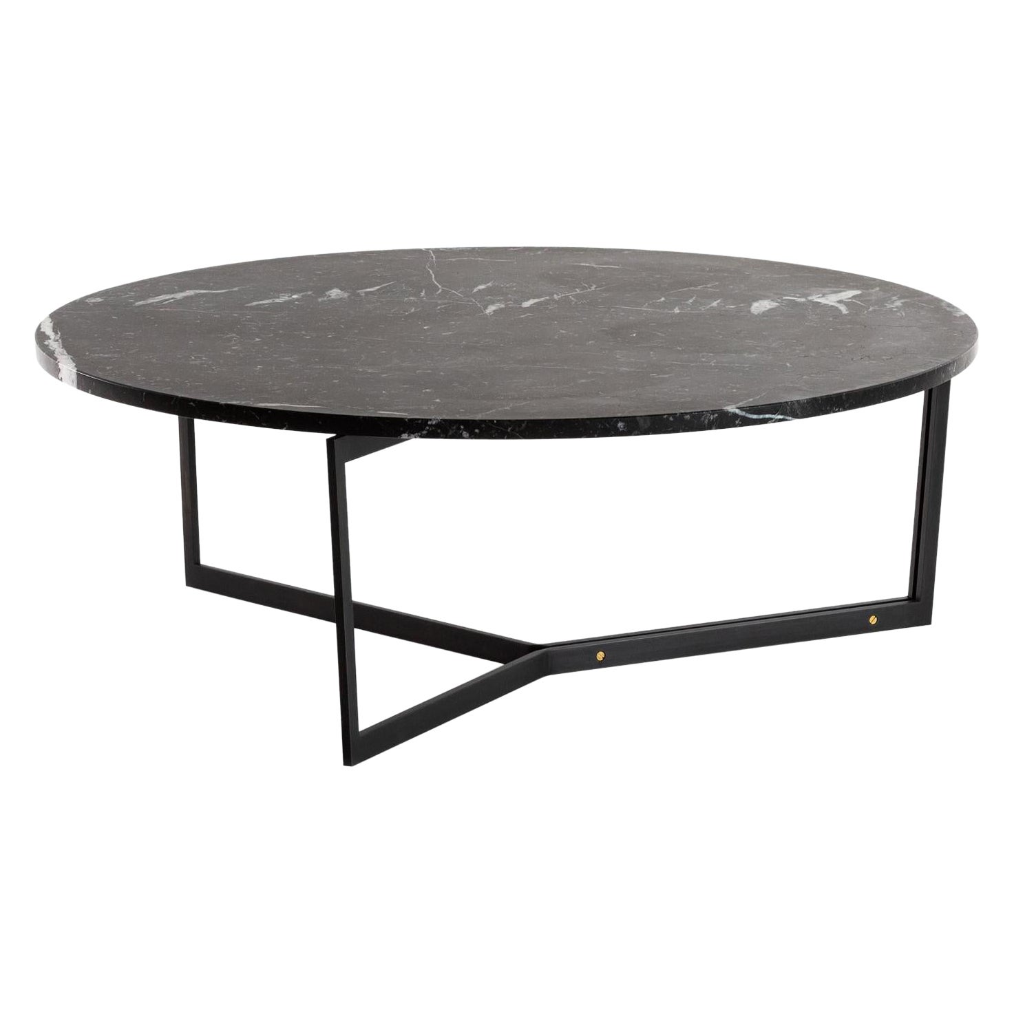 Mesa de centro redonda AT14 con base de acero ennegrecido y tapa de mármol (Disponible ahora) en venta