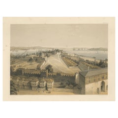 Rara litografía tintada de 1852 del patio del palacio Topkapi y el Bósforo, Estambul