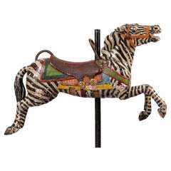 Wooden Carousel Horse / Zebra, European Hand-Carved Folk Art Sculpture