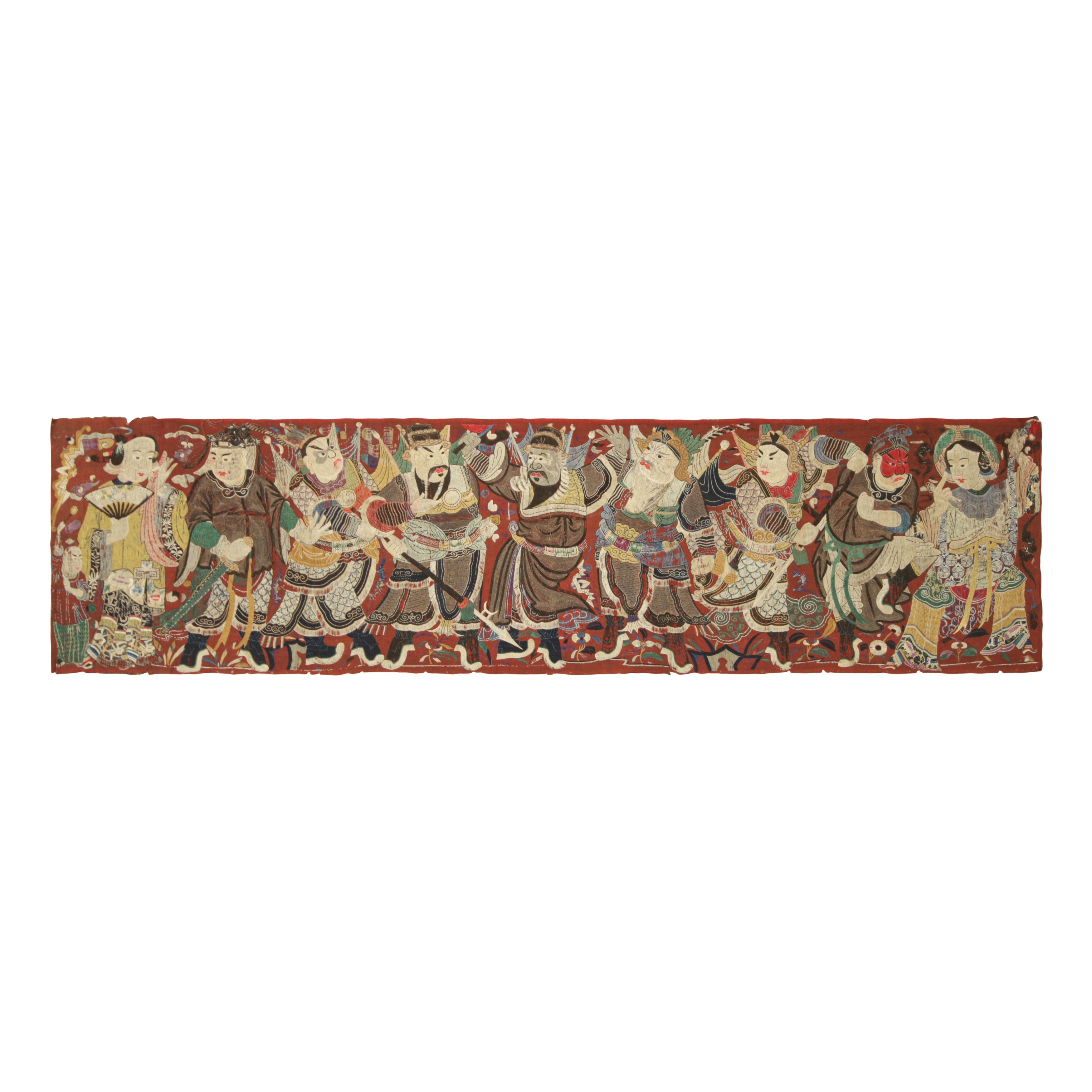 Antique Chinese Textile Runner in Red with Opera Pictorials  Rug & Kilim For Sale