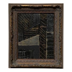 Modern Brutalist Abstract Framed Painting in Black & Gold by Artist Machado
