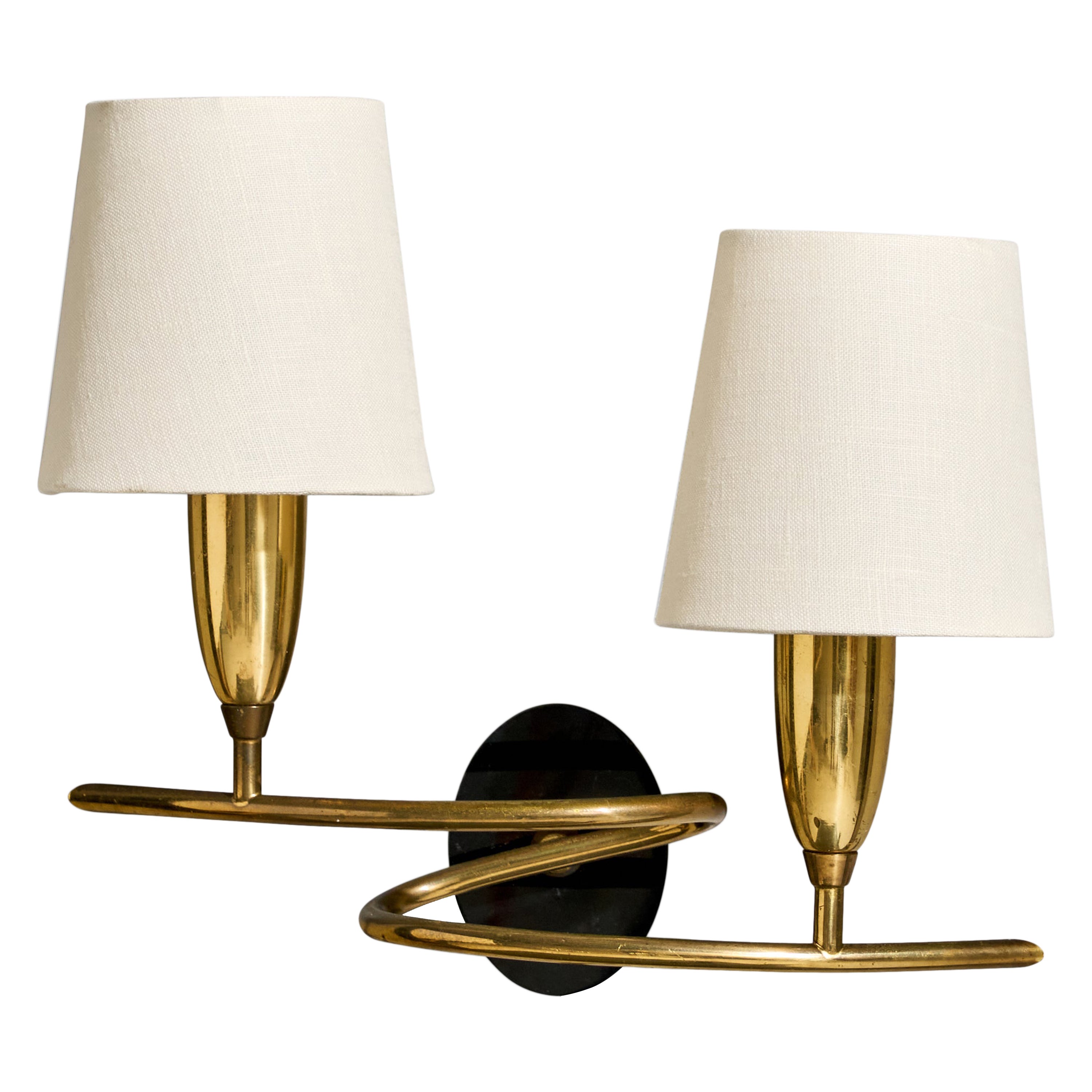 French Designer, Wall Light, Brass, Metal, Fabric, France, 1950s