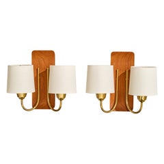 Swedish Designer, Wall Lights, Teak, Brass, Fabric, Sweden, 1950s