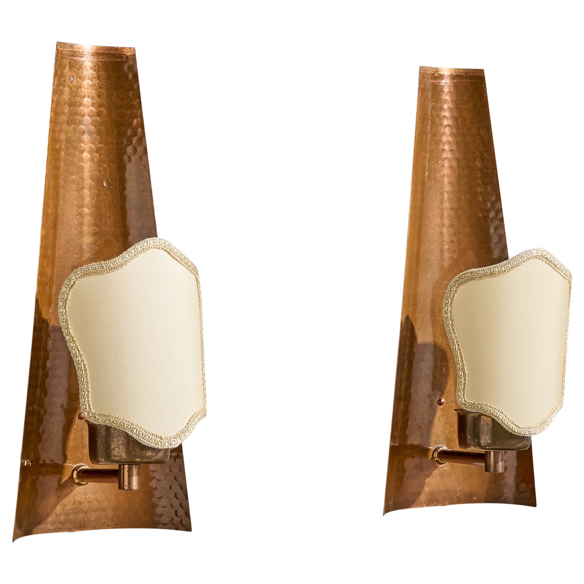 Swedish Designer, Wall Lights, Copper, Fabric, Sweden, 1950s