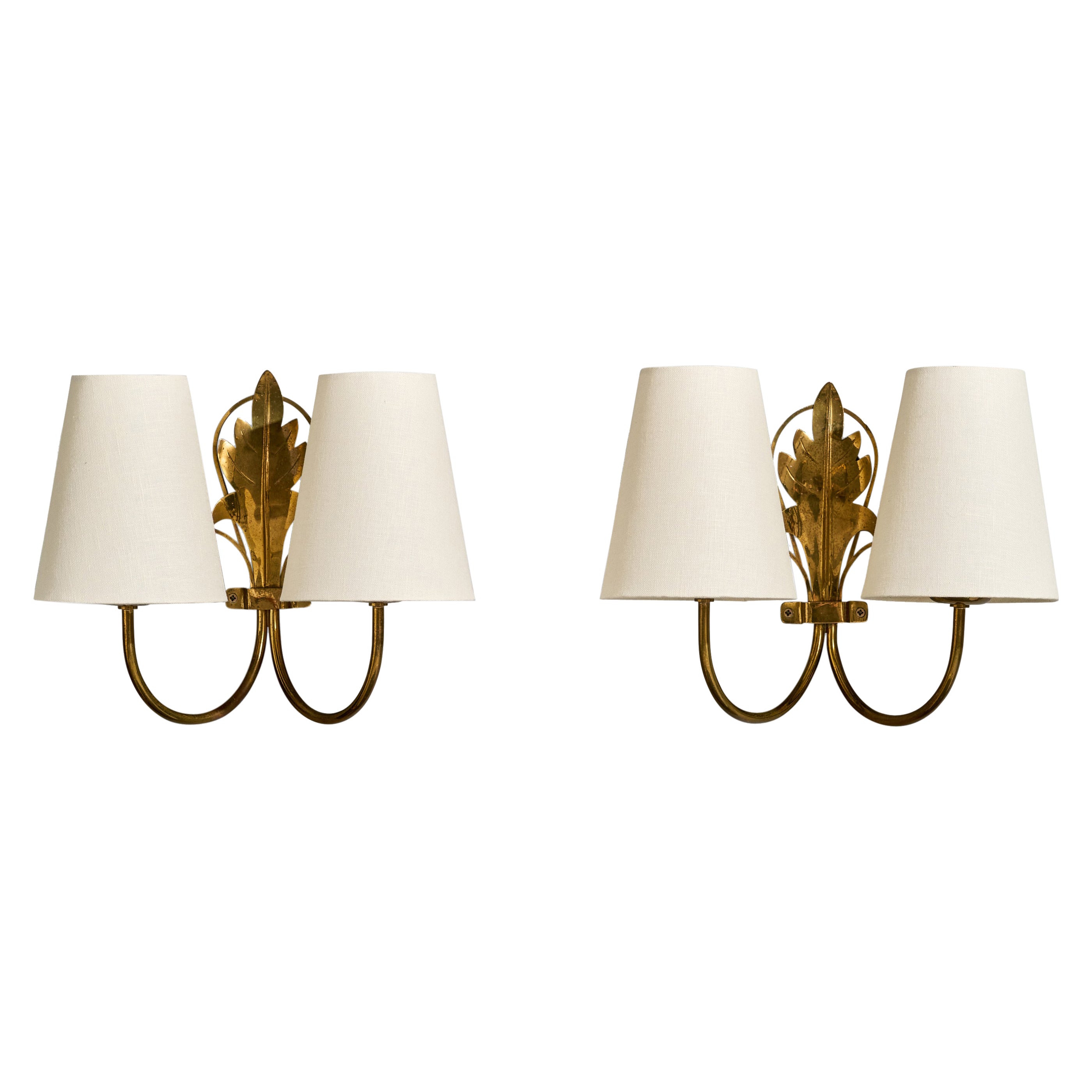 French Designer, Wall Lights, Brass, Fabric, France, 1950s For Sale