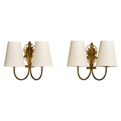 French Designer, Wall Lights, Brass, Fabric, France, 1950s