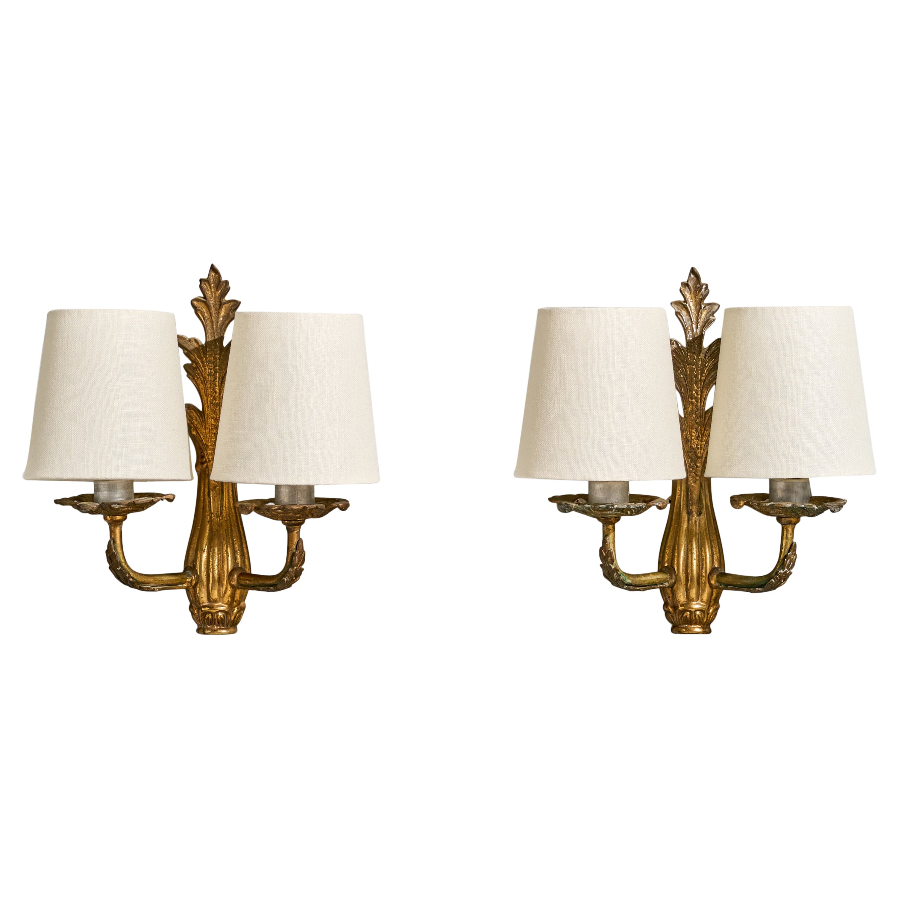 French Designer, Wall Lights, Brass, Metal, Fabric, France, 1940s