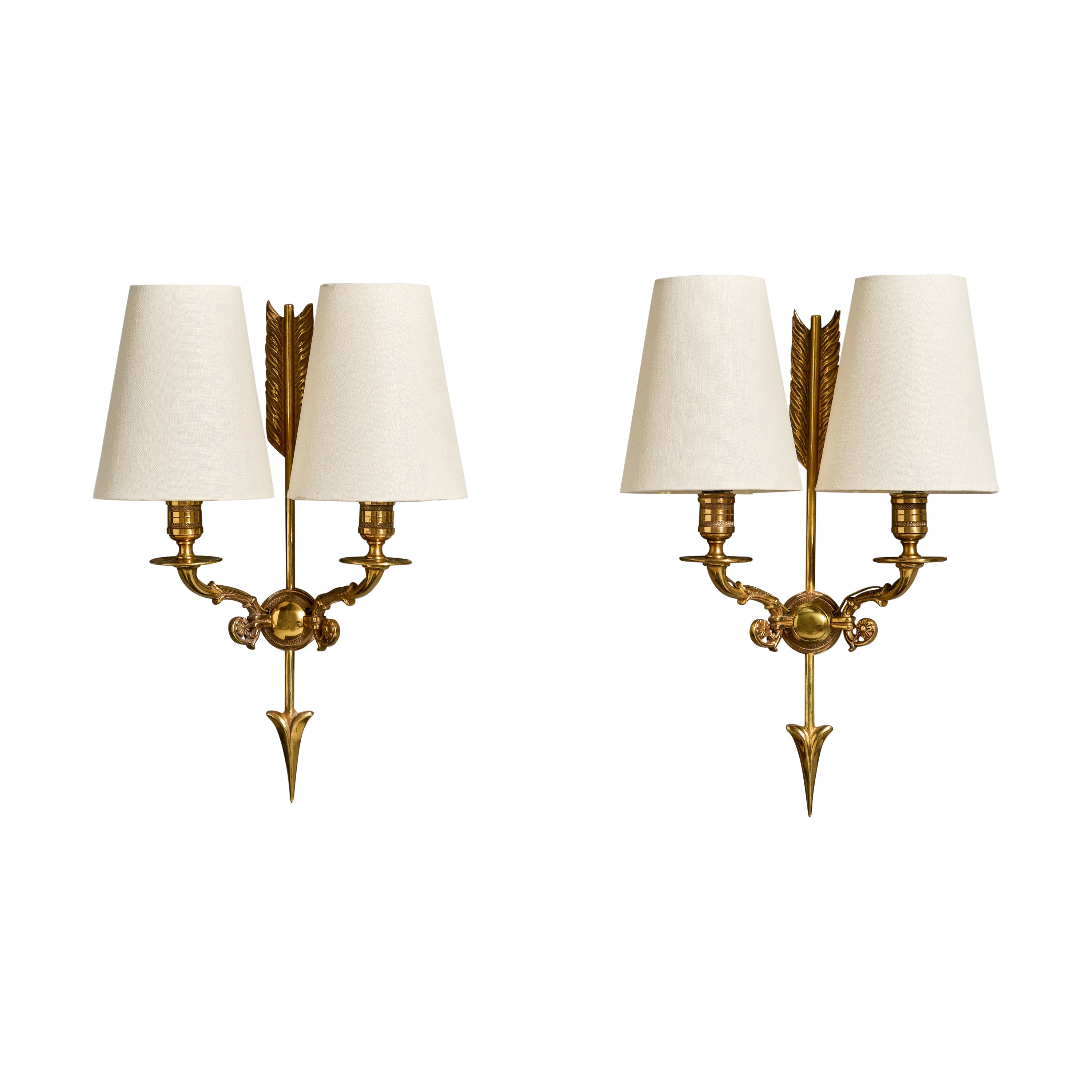 Französischer Designer, Wall Lights, Messing, Stoff, Frankreich, 1950er Jahre