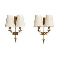 French Designer, Wall Lights, Brass, Fabric, France, 1950s