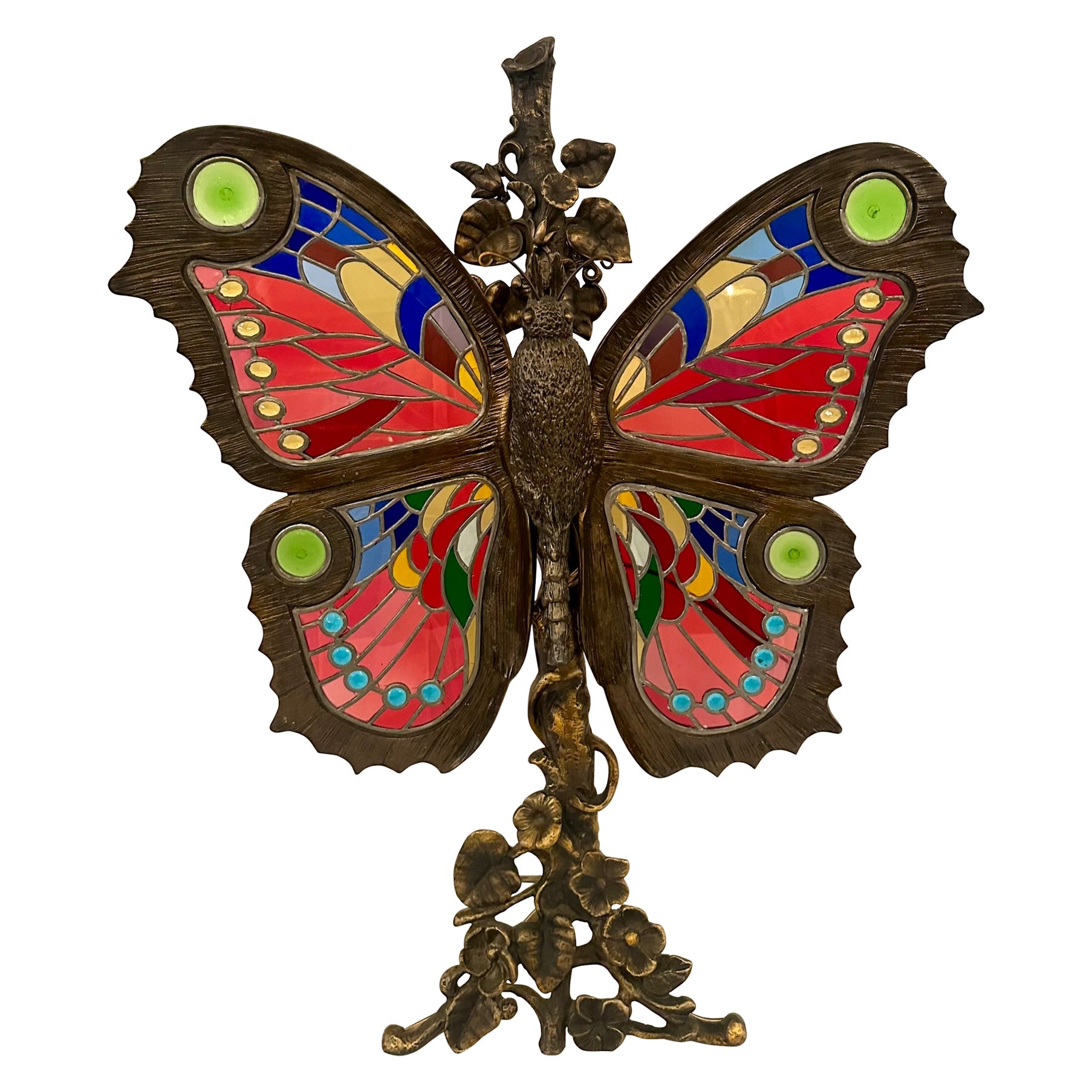 Antiker französischer Jugendstil-Kaminschirm mit Schmetterlingsmotiv aus Bronze und Butterfly-Glas, ca. 1890