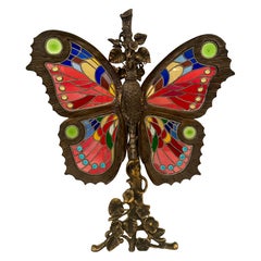 Antique French Art Nouveau Bronze & Stained Glass Butterfly Fire Screen Ca. 1890