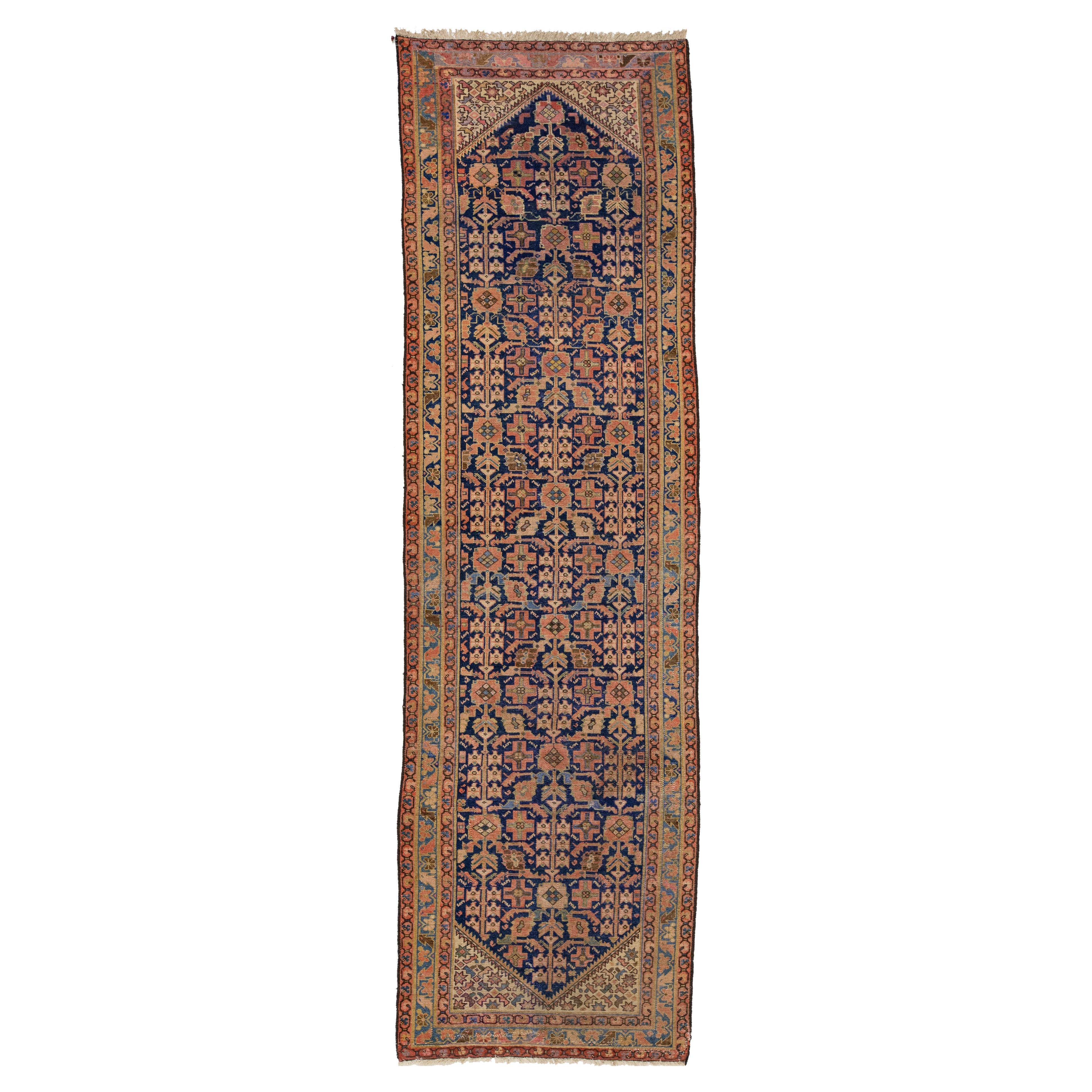 Antiker Malayer-Läufer aus persischer Wolle in Blau mit geometrischem Design