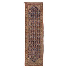 Antique Malayer Persian Wool Runner In Blue with Geometric Design
