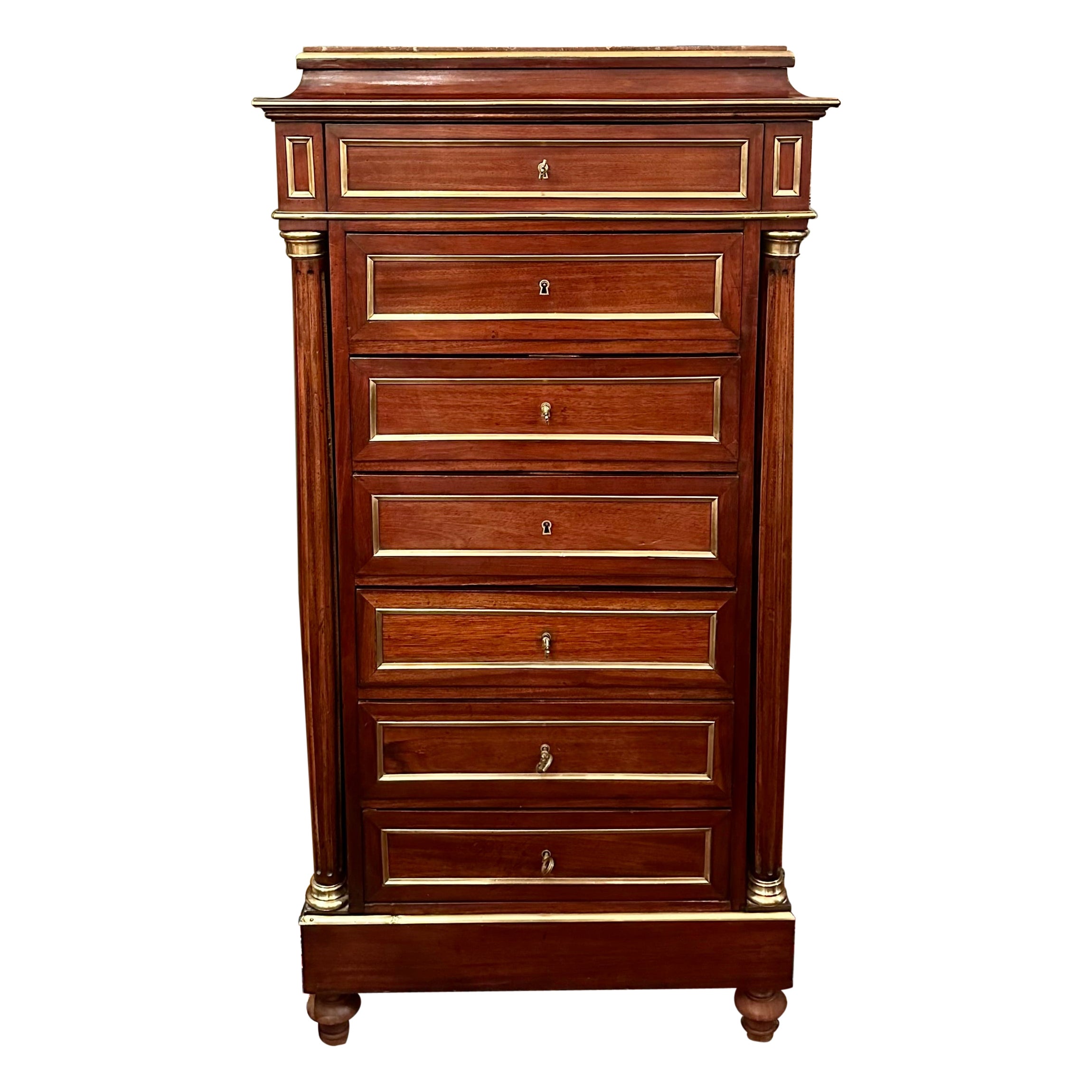 Antique French Brass Inlaid Mahogany Semainier Chest, Circa 1880. For Sale