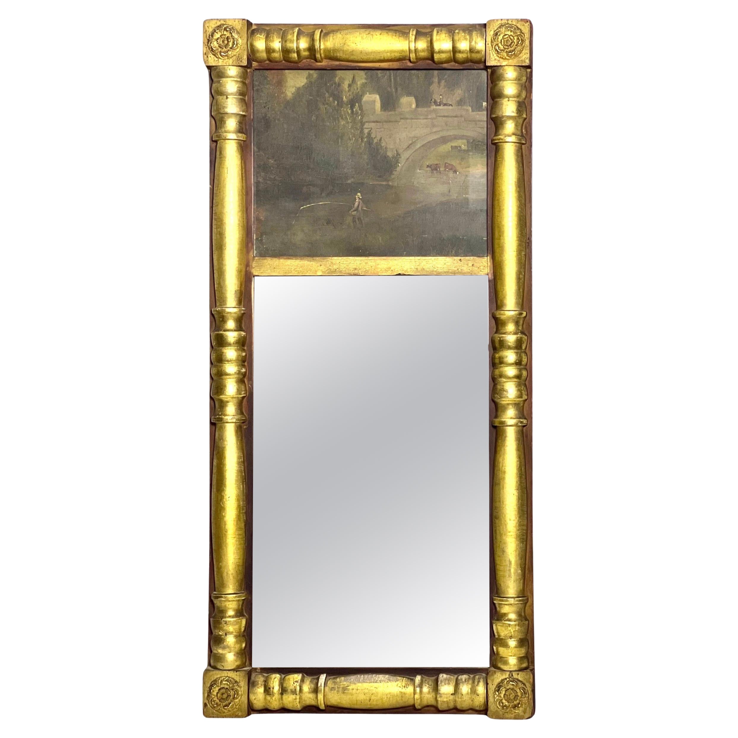 19th Century Small Empire Giltwood Trumeau Mirror with Painting