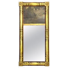 Piccolo specchio Trumeau in legno dorato Impero del XIX secolo con dipinto