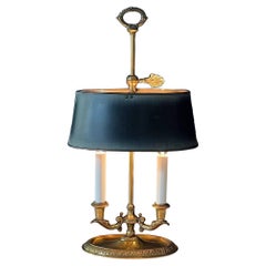 Vintage French Bouillette Double Brass Table Lamp with Tole Shade