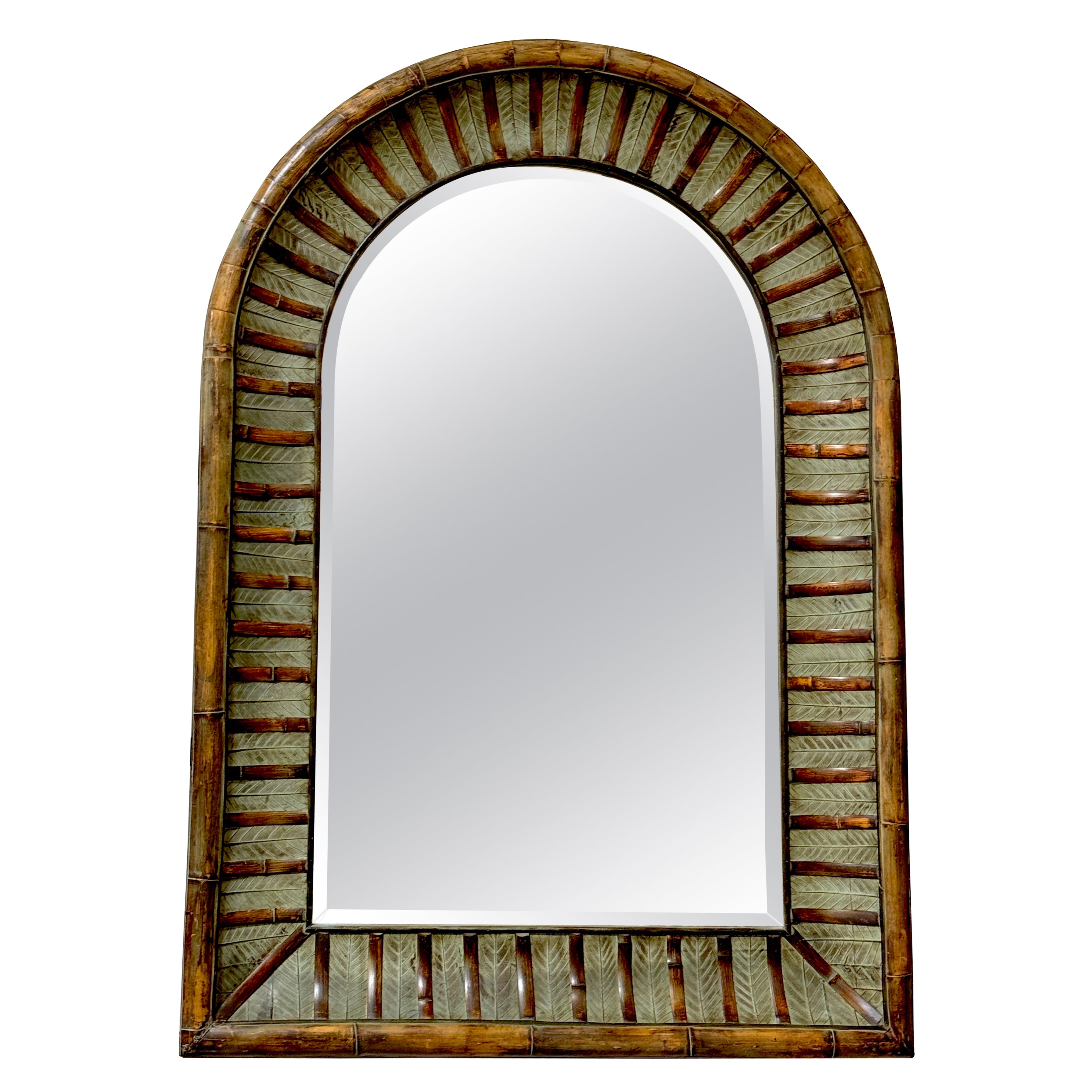 La Barge Arch Top Polychromed Bamboo & Leaf Motif Beveled Mirror