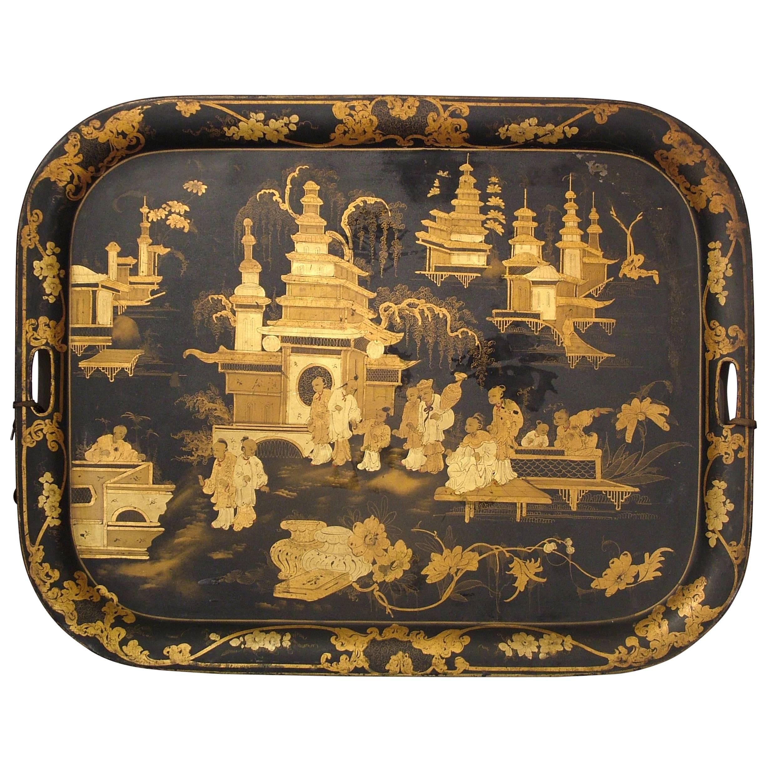 19th Century English Chinoiserie and Gilt Japanned Tray of the Regency Period  For Sale