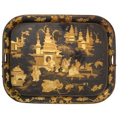 19th Century English Chinoiserie and Gilt Japanned Tray of the Regency Period 