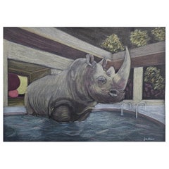 ART: Rhino in Pool Original Art Watercolor