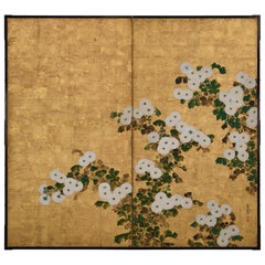 18th Century Japanese Rinpa Screen. White Chrysanthemums. School of Korin.