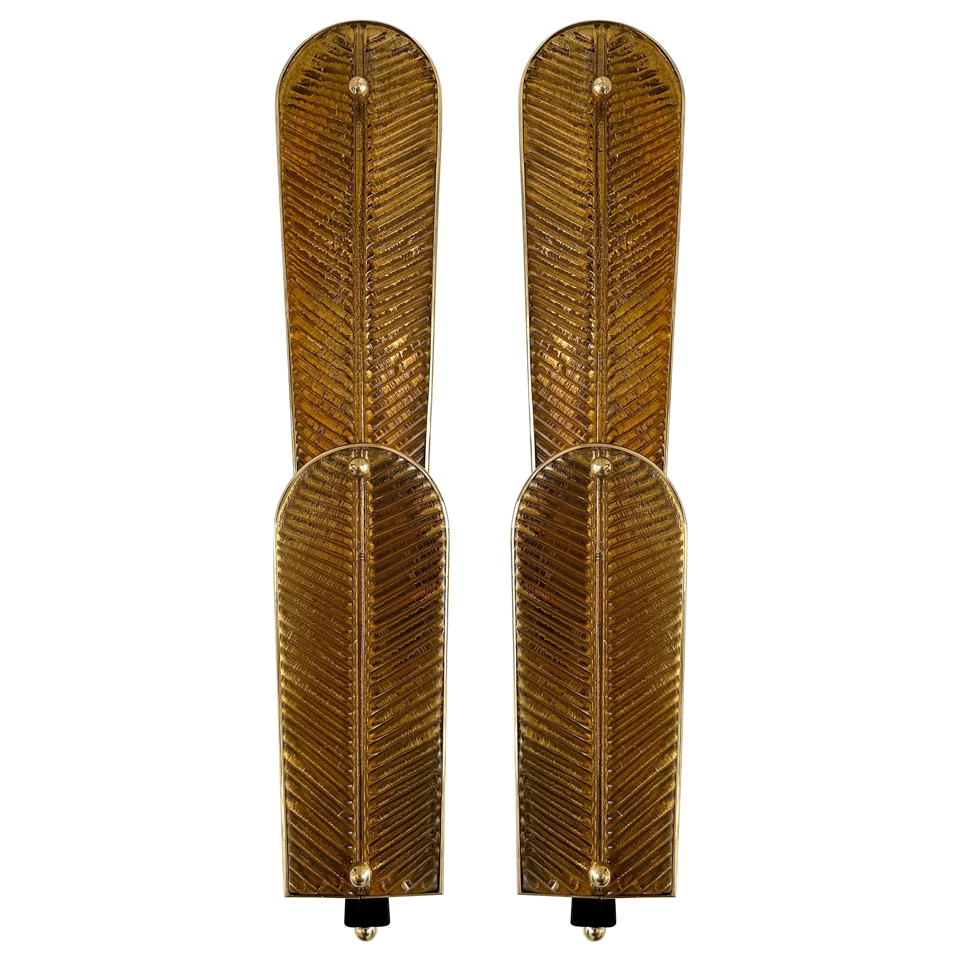 Contemporary Pair of Brass and Murano Glass Palm Tree Sconces, Italy