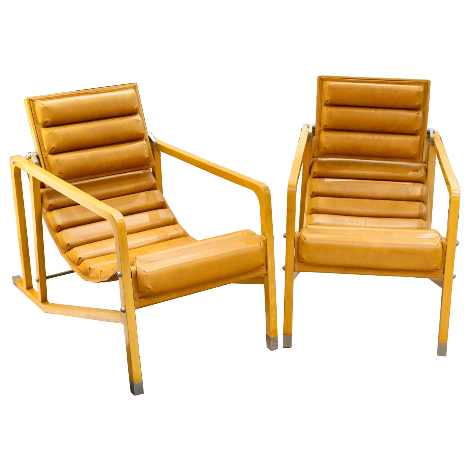 Eileen Gray Ecart International, Paar Transat-Sessel, Goldleder, Naturholz, Naturholz im Angebot