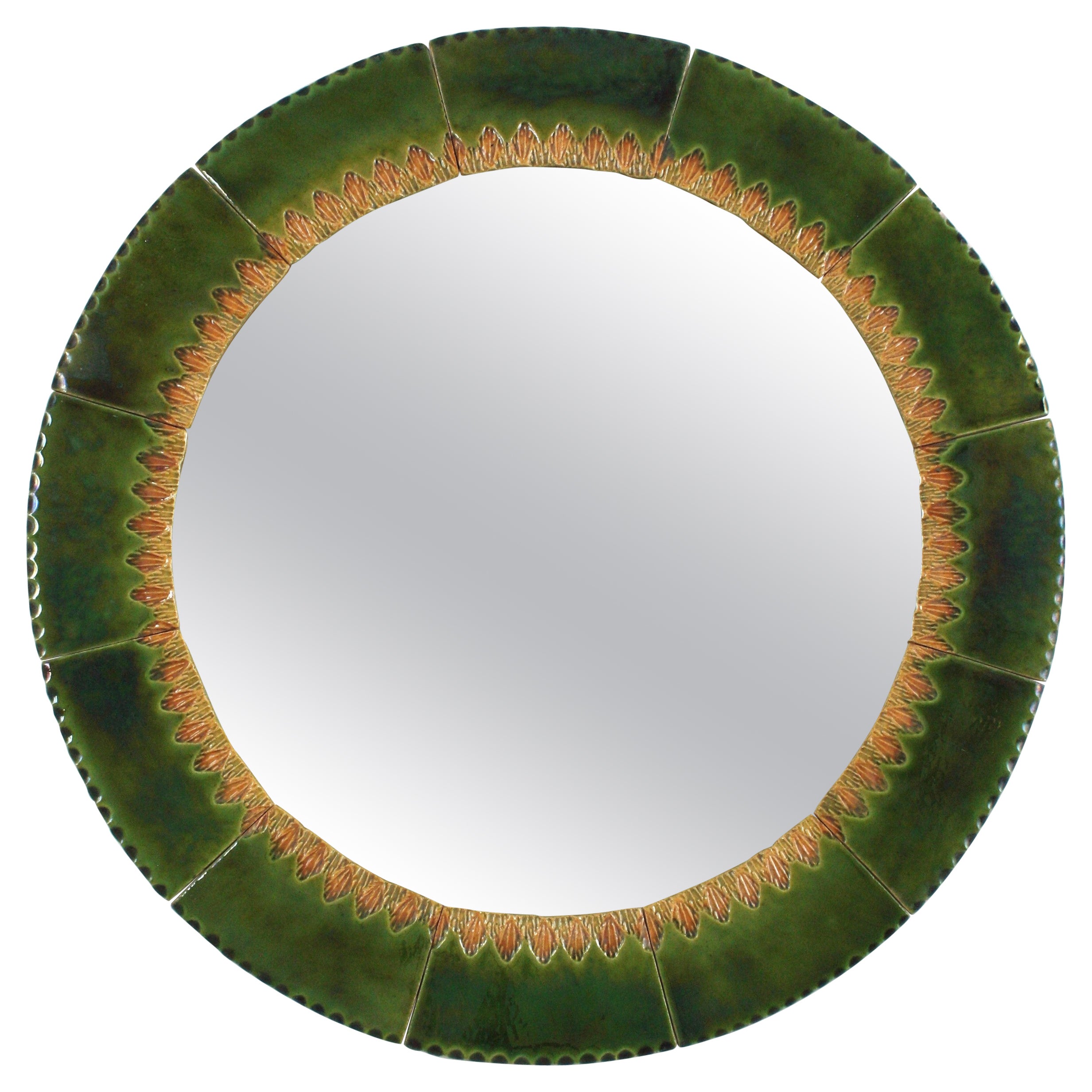 Circular Wall Mirror in Green and Amber Glazed Ceramic For Sale